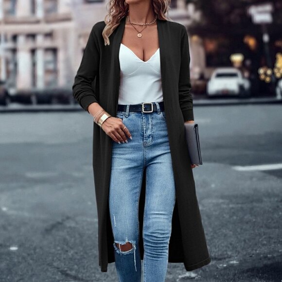 Black Casual Womens Solid Open Front Cardigan - Picture 5 of 5